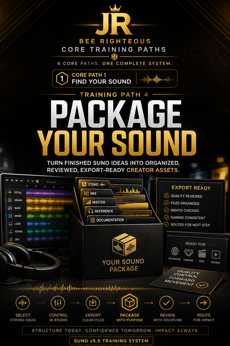 Promotional graphic for JR Bee Righteous core training paths with sound package and software interface.