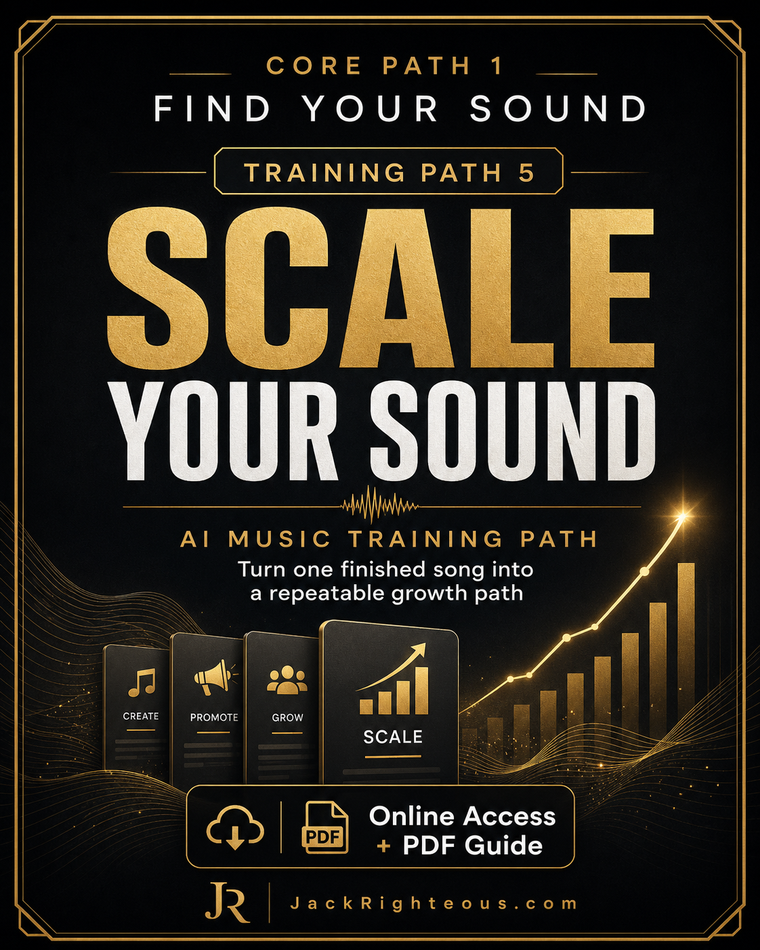 Promotional graphic for an AI music training path with text and icons on a dark background.