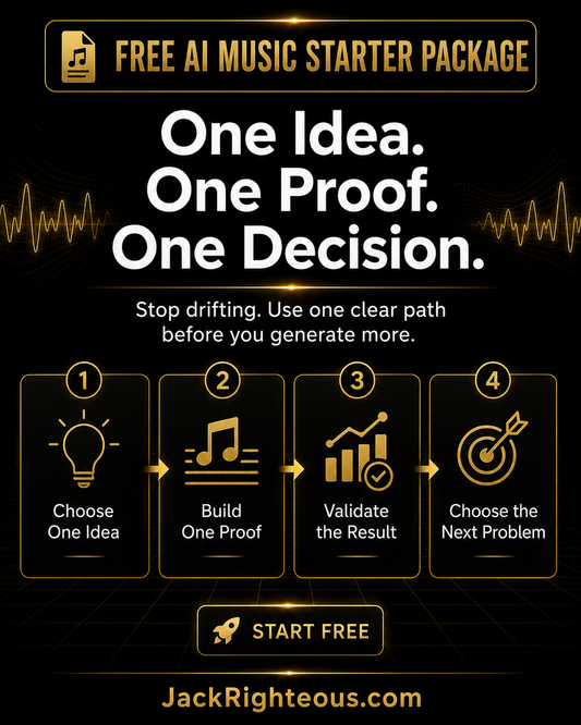 Promotional graphic for a free AI music starter package with steps and branding.