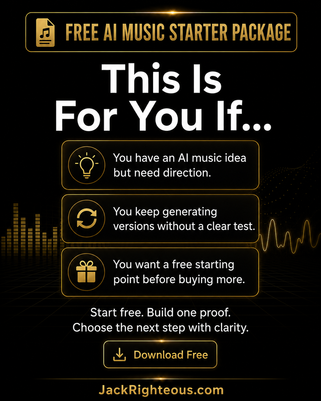 Promotional graphic for a free AI music starter package with text and icons on a black background.
