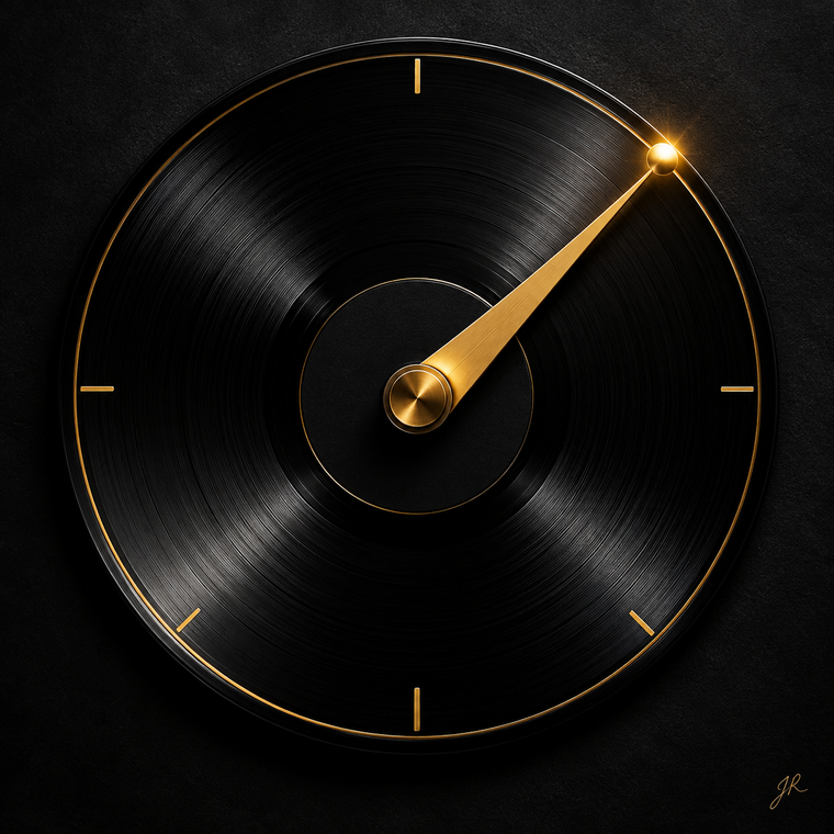 Gold direction needle over black vinyl, a minimalist Jack Righteous AI music creativity illustration