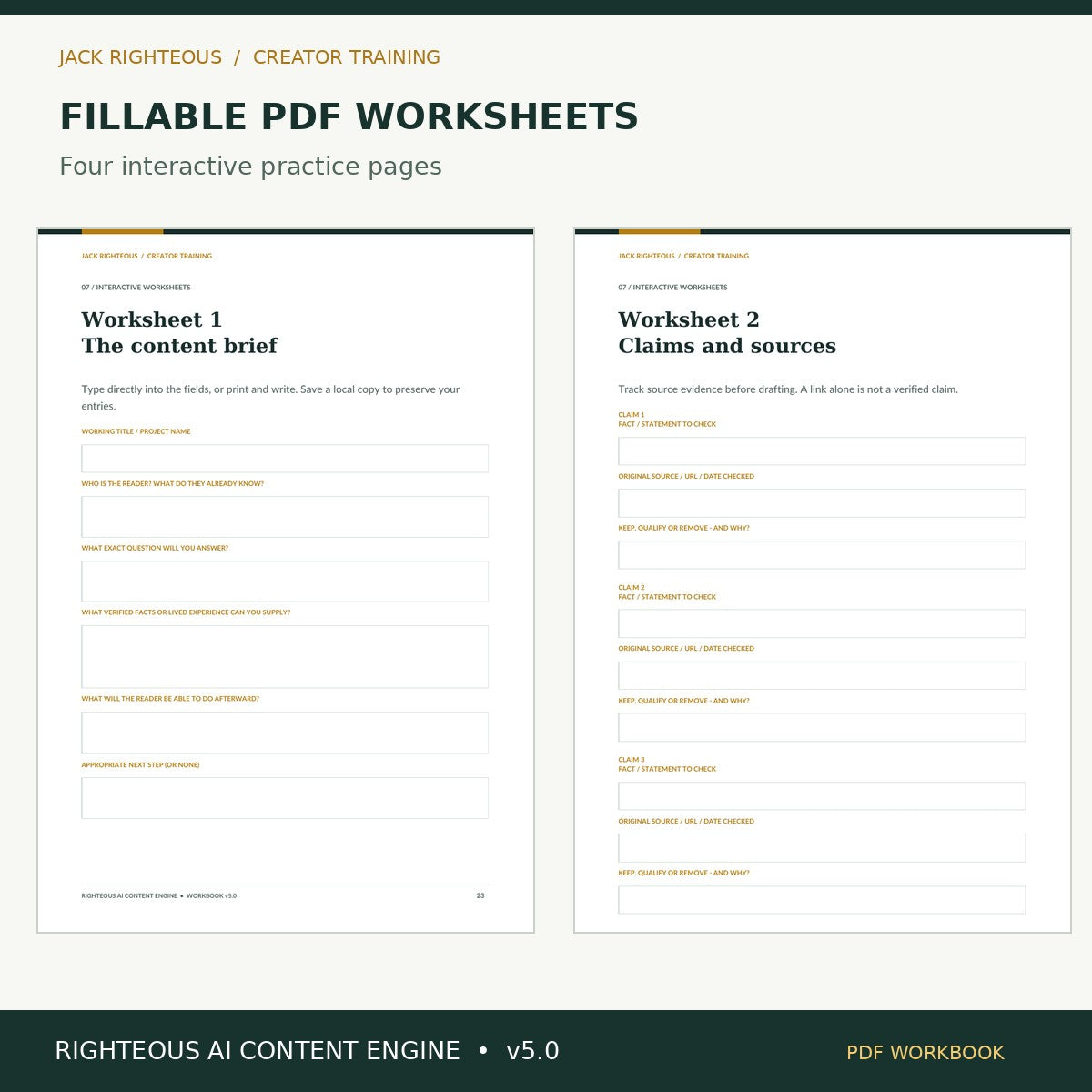 Righteous AI Content Engine v5.0: fillable PDF worksheet examples
