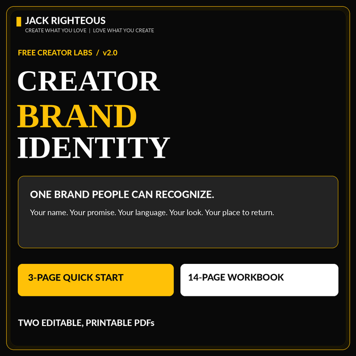 Creator Brand Identity v2.0 free student pack cover — three-page Quick Start and fourteen-page editable Full Workbook
