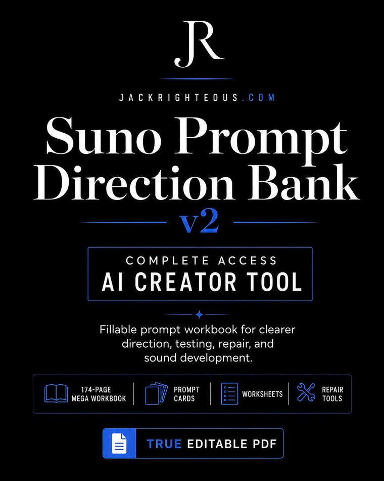 Promotional image of 'Suno Prompt Direction Bank v2' AI creator tool with branding and product details.