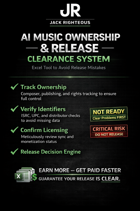 Promotional graphic for AI music ownership and release clearance system by Jack Righteous on a black background.
