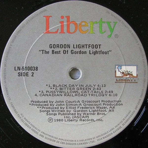 Gordon Lightfoot – The Best Of Gordon Lightfoot - 1980 Pressing
