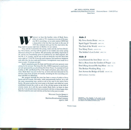 Hank Snow – My Nova Scotia Home And Other Early Hank Snow Favorites