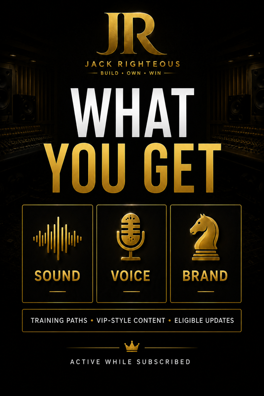 Promotional graphic for 'What You Get' by Jack Righteous, featuring sound, voice, and brand elements.