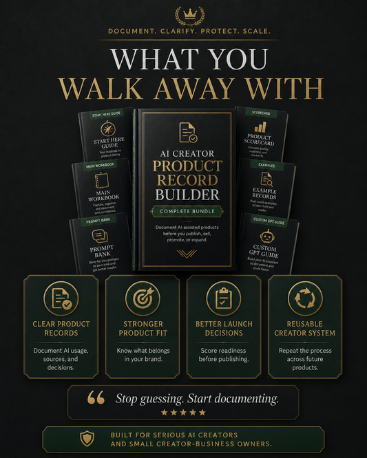 AI Creator Product Record Builder bundle for organizing product decisions, records and supporting assets