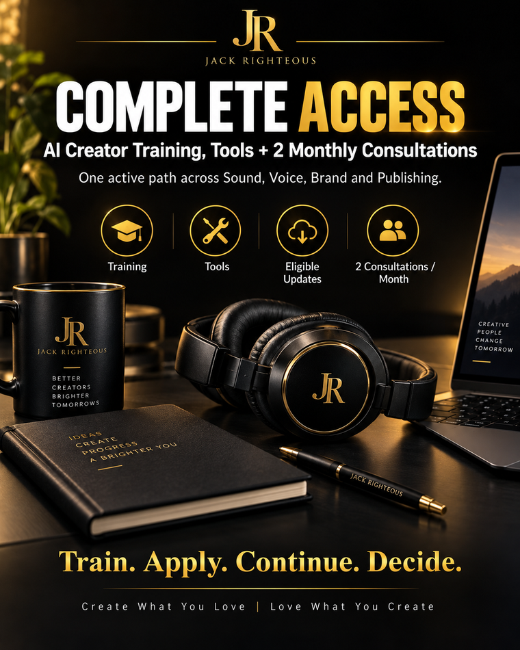 Complete Access graphic with creator training, tools and two monthly consultations on a dark branded desk