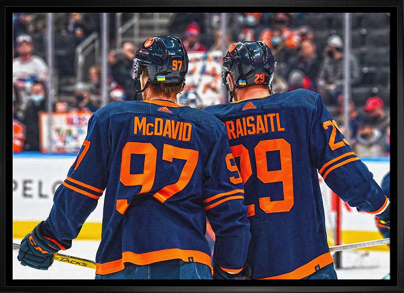 Connor McDavid and Leon Draisaitl 20x29 Framed Canvas Oilers Alternate Jersey Behind - H - Jack Righteous