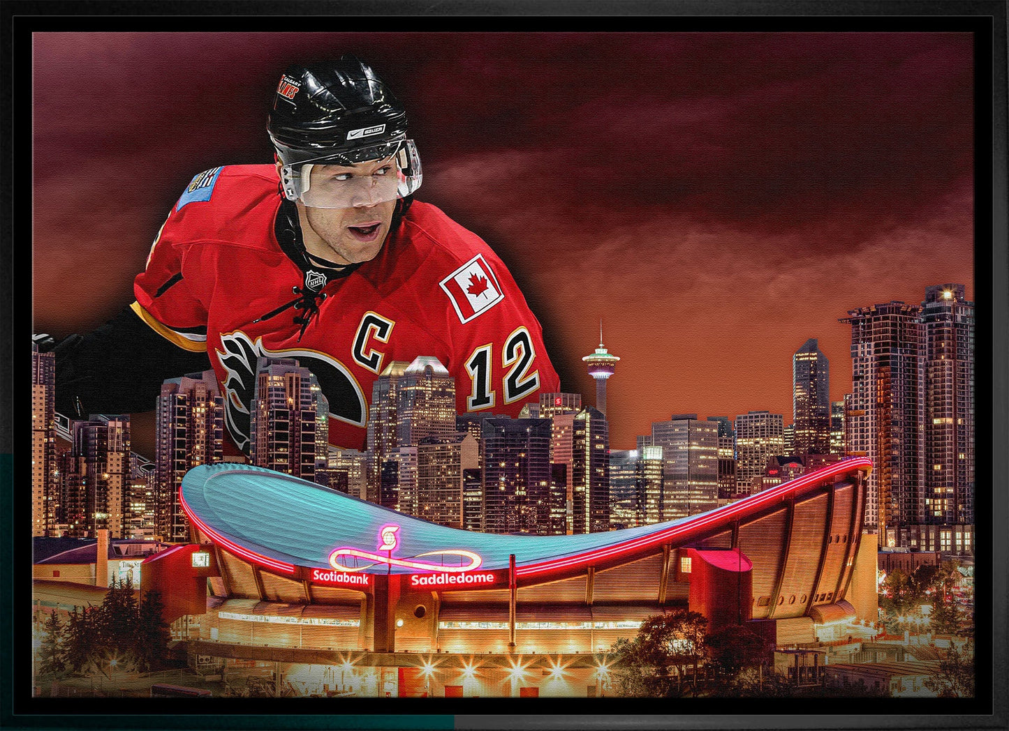 Jarome Iginla 20x29 Framed Canvas Flames Skyline - H - Jack Righteous