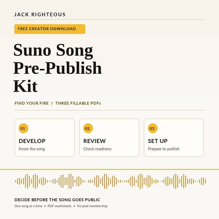 Suno Song Pre-Publish Kit cover: three fillable PDF worksheets for development, readiness and Suno publishing setup