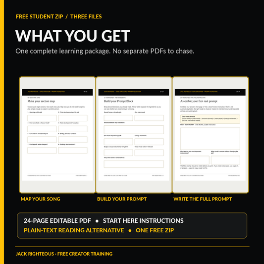Workbook page previews: song structure planning, prompt block and full instruction, plus what is in the student ZIP
