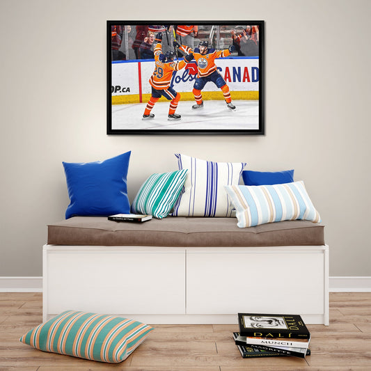 Leon Draisaitl and Connor McDavid 20x29 Framed Canvas Oilers Celebration - H - Jack Righteous