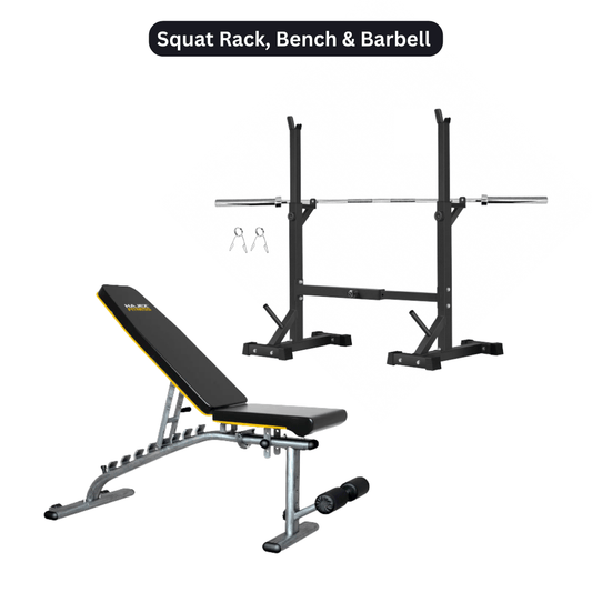 Squat Rack, Bench, Barbell & Weight Plates Stack - Jack Righteous