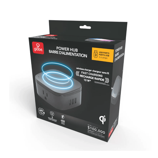 Station de recharge sans fil de bureau Globe à 2 prises avec parasurtenseur, 3 ports USB et cordon 6 Pi (78353) - Jack Righteous