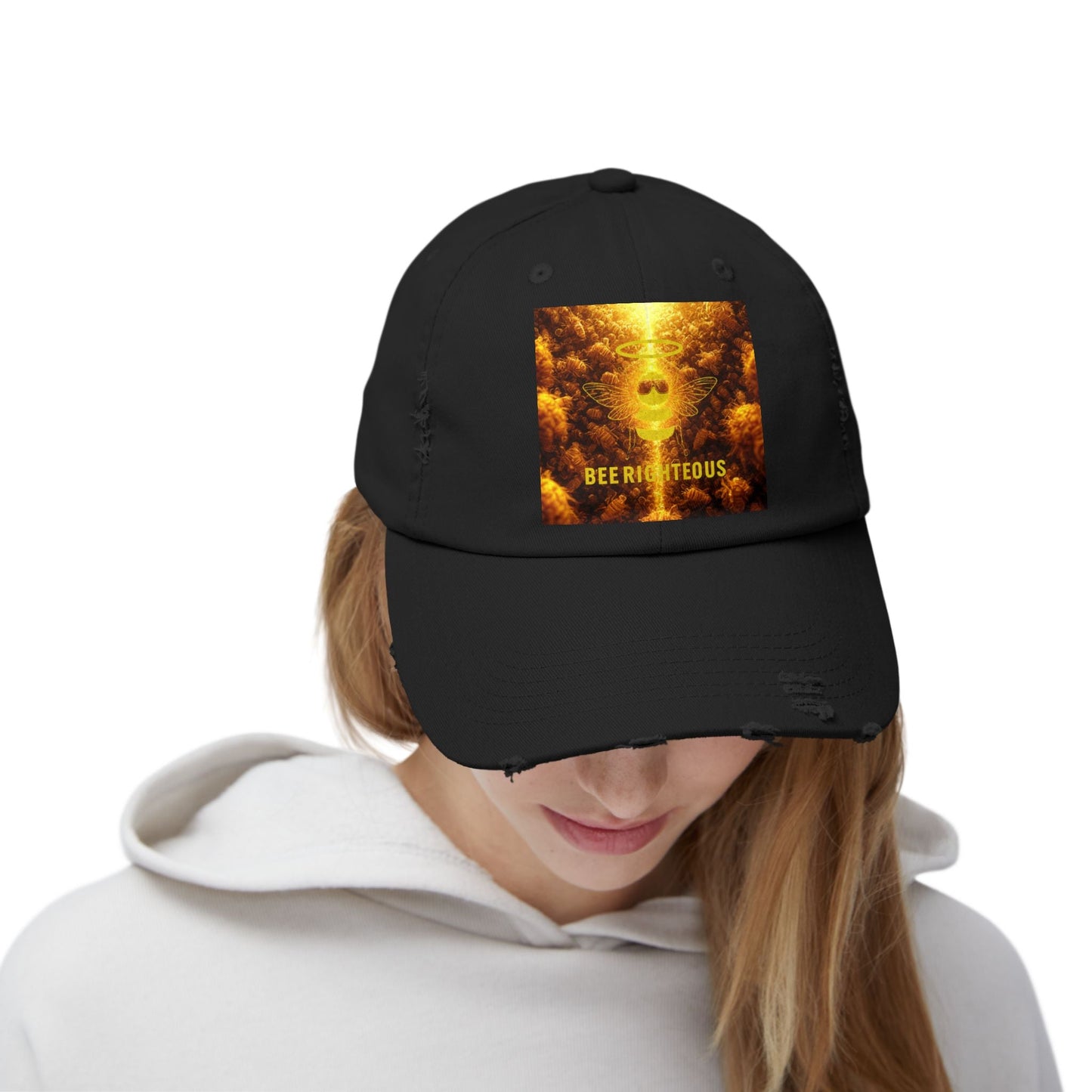 Stylish Distressed Cap - 'Bee Righteous' Design, Trendy Hat for Streetwear, Gift for Him/Her, Summer Accessory, Unisex Fashion - Jack Righteous