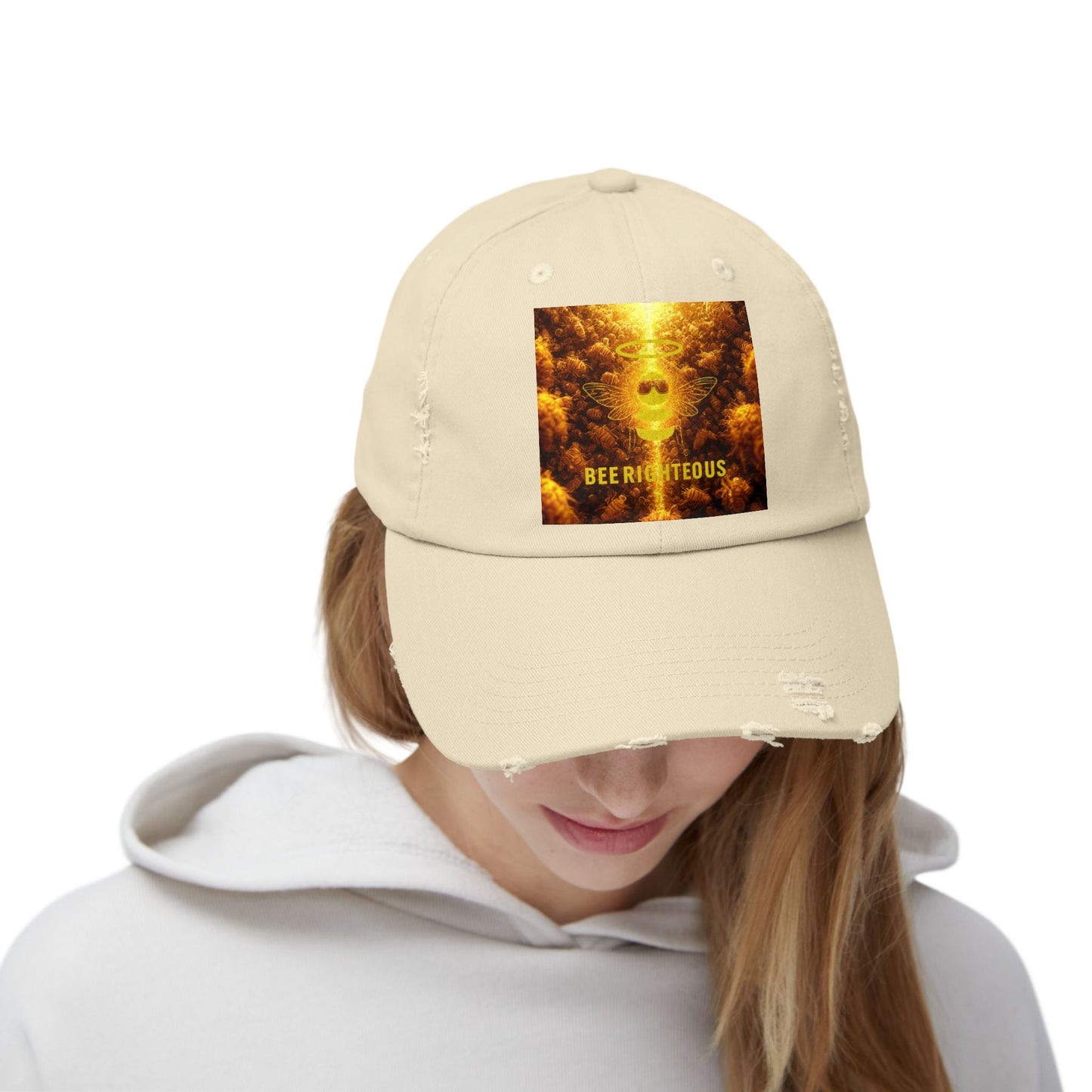 Stylish Distressed Cap - 'Bee Righteous' Design, Trendy Hat for Streetwear, Gift for Him/Her, Summer Accessory, Unisex Fashion - Jack Righteous