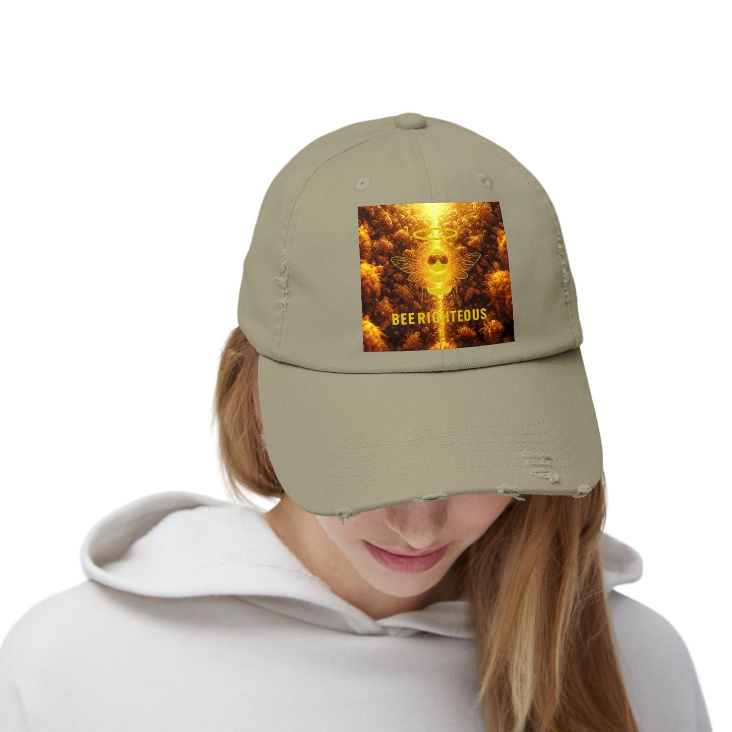 Stylish Distressed Cap - 'Bee Righteous' Design, Trendy Hat for Streetwear, Gift for Him/Her, Summer Accessory, Unisex Fashion - Jack Righteous