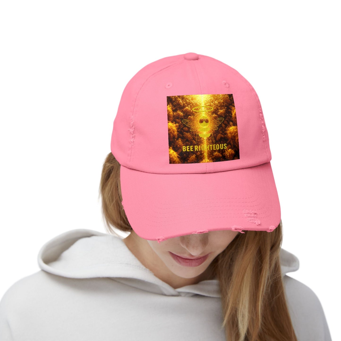 Stylish Distressed Cap - 'Bee Righteous' Design, Trendy Hat for Streetwear, Gift for Him/Her, Summer Accessory, Unisex Fashion - Jack Righteous