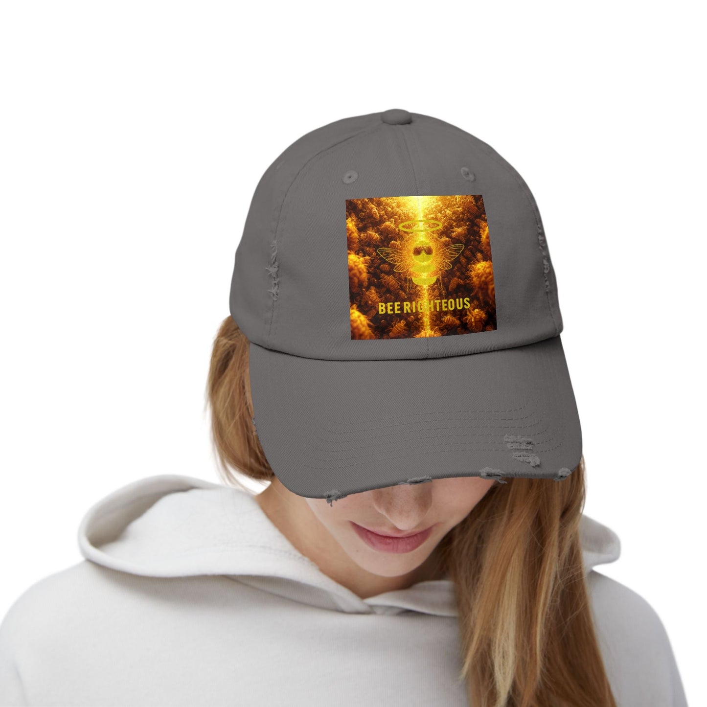 Stylish Distressed Cap - 'Bee Righteous' Design, Trendy Hat for Streetwear, Gift for Him/Her, Summer Accessory, Unisex Fashion - Jack Righteous