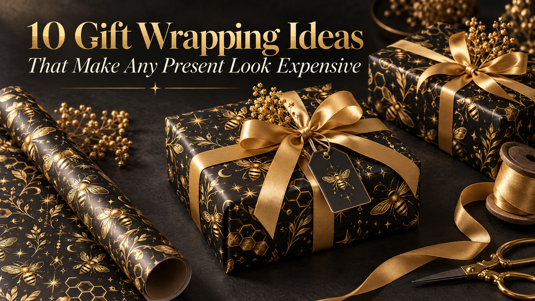 10 gift wrapping ideas with black and gold Midnight Hive bee-pattern paper and elegant ribbon