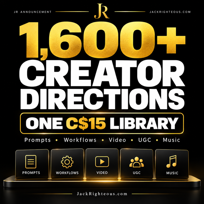 1,600+ Creator Directions — one C$15 Jack Righteous Creator Library with prompts, workflows, video, UGC and music resources