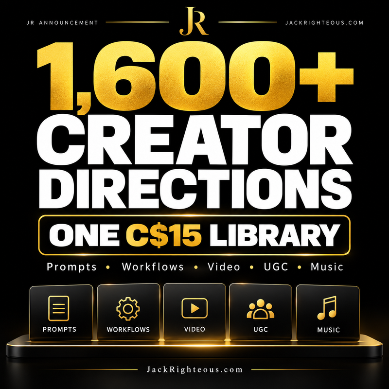 1,600+ Creator Directions — one C$15 Jack Righteous Creator Library with prompts, workflows, video, UGC and music resources