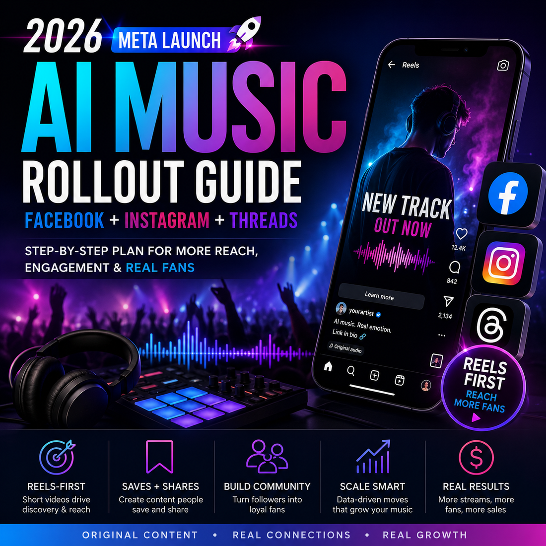 Promotional graphic for 2026 Meta Launch AI Music Rollout Guide with smartphone, music equipment, and social media icons.