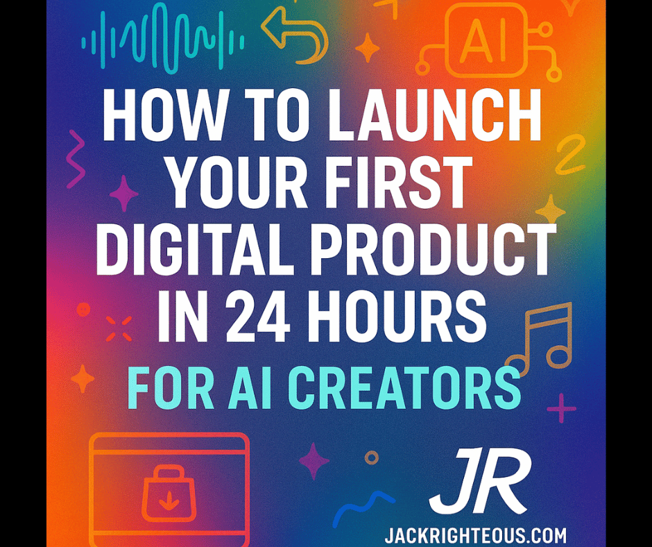 Colorful cover showing “How to Launch Your First Digital Product in 24 Hours” with AI icons, music symbols, and JR branding.