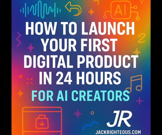 Colorful cover showing “How to Launch Your First Digital Product in 24 Hours” with AI icons, music symbols, and JR branding.
