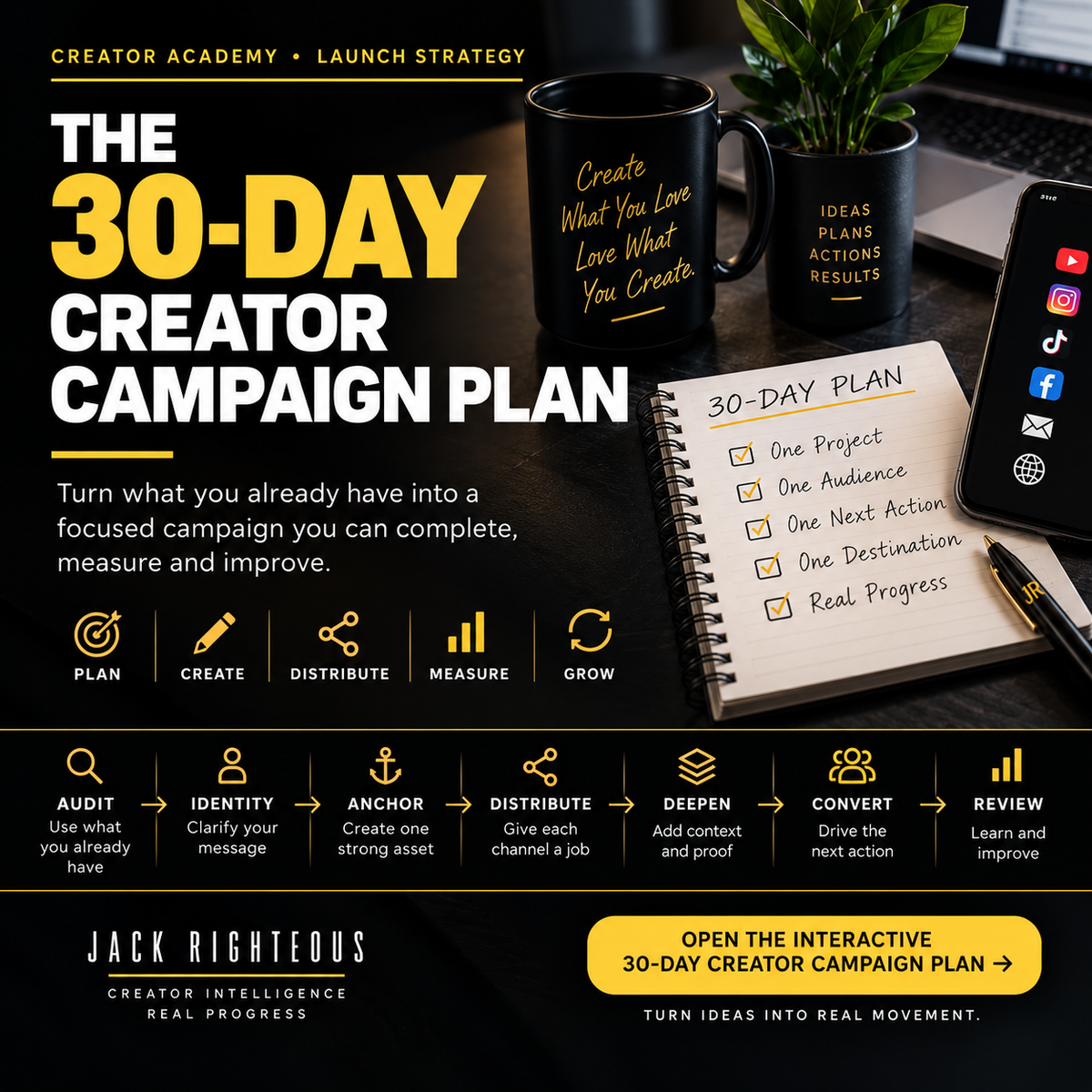 30-day creator launch plan cover showing how one project becomes a connected campaign