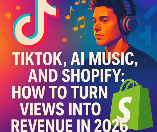 Cover showing TikTok, AI music visuals, a creator with headphones, and a Shopify icon with the title about turning views into revenue in 2026.