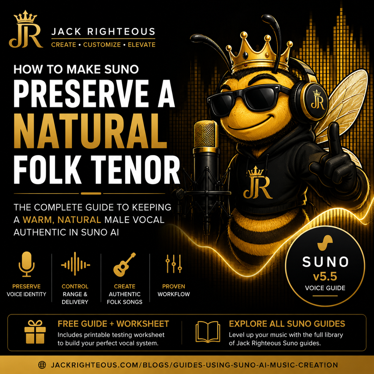 Bee Righteous mascot presenting a Suno v5.5 guide on preserving a natural folk tenor with black, white, and gold branding.