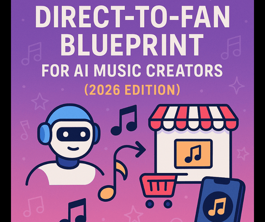 Direct-to-Fan Blueprint cover showing AI musician icon, music notes, online store graphic, and smartphone on a purple gradient background.