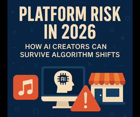 Flat-style cover image titled “Platform Risk in 2026” with AI creator icons, warning symbol, online store graphic, and music app icon.