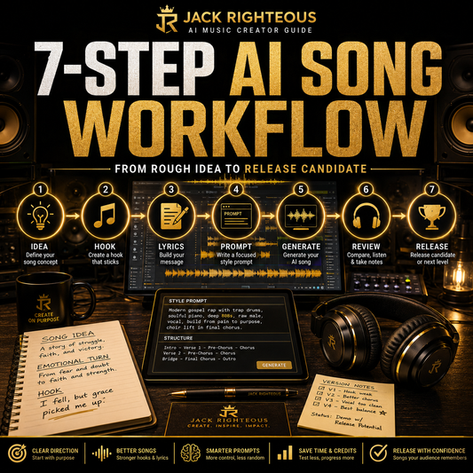 Promotional graphic for Jack Righteous' 7-Step AI Song Workflow guide with music creation tools and text.