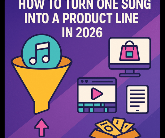 Cover image showing an AI creator funnel with icons turning one song into products, titled ‘How to Turn One Song Into a Product Line in 2026
