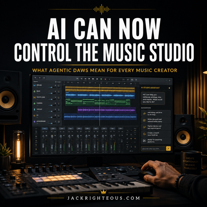 AI music production studio showing an agentic DAW assistant controlling tracks, mixing, routing and production tasks through natural-language instructions.