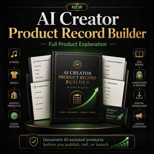 AI Creator Product Record Builder workbook with features on a black background
