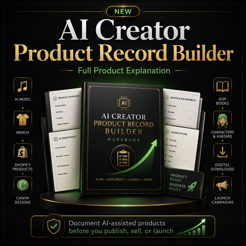 AI Creator Product Record Builder workbook with features on a black background