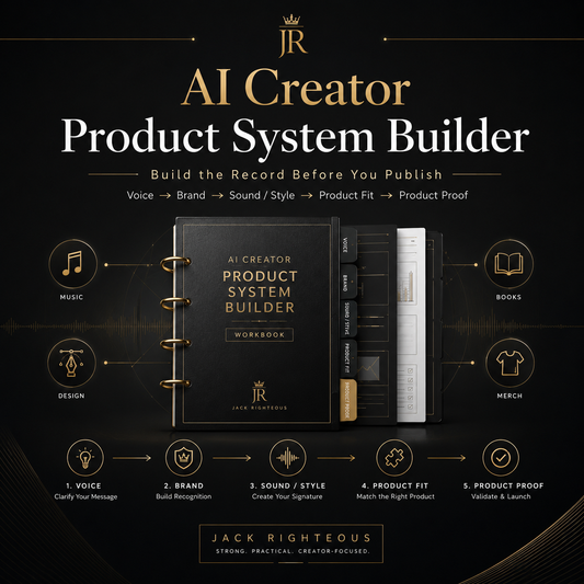 AI Creator Product System Builder workbook with branding elements on a dark background