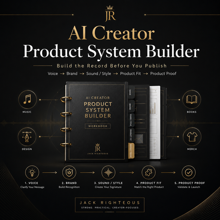 AI Creator Product System Builder workbook with branding elements on a dark background