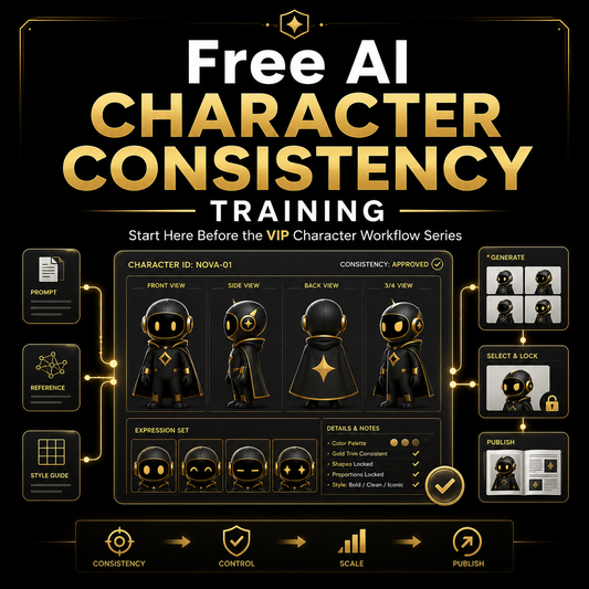 Free AI Character Consistency Training interface with character design tools on a black background.