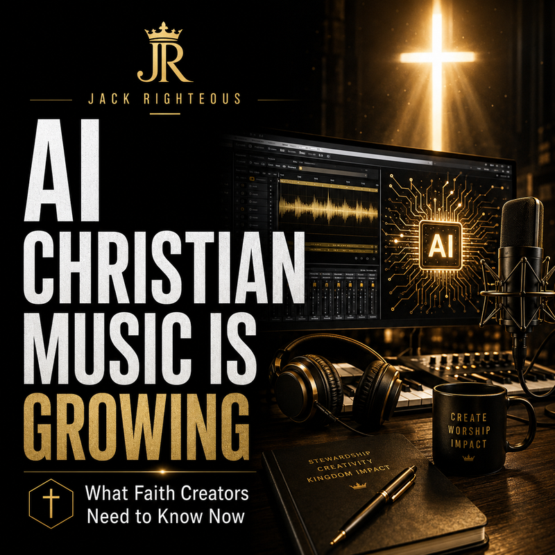 Studio setup with computer, headphones, and mug with text about AI Christian music