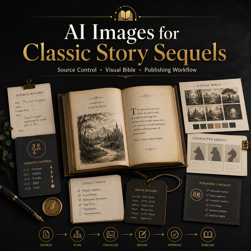 Book with open pages and various design elements on a dark background, promoting AI images for classic story sequels.