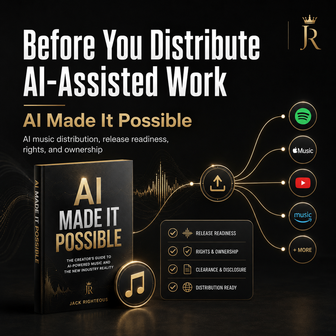 Book titled 'AI Made It Possible' with related icons and text on a dark background