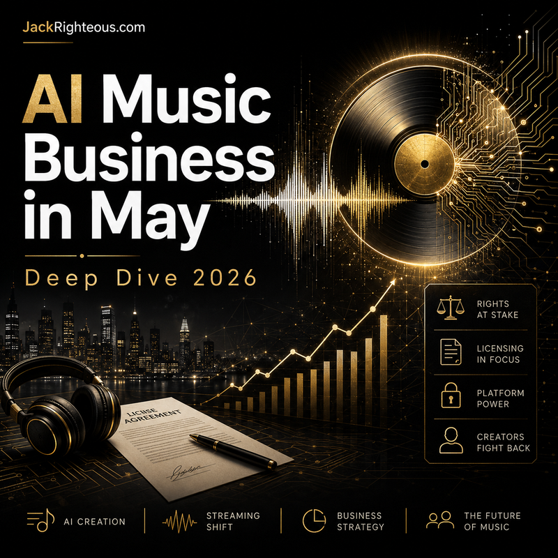 Promotional graphic for 'AI Music Business in May Deep Dive 2026' with a vinyl record, headphones, and cityscape.