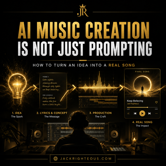 Promotional graphic for AI music creation with a person working at a computer, text about music production, and branding.